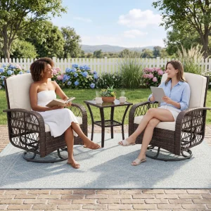 Outdoor Wicker Rocker Chairs With Cushions & Glass Table